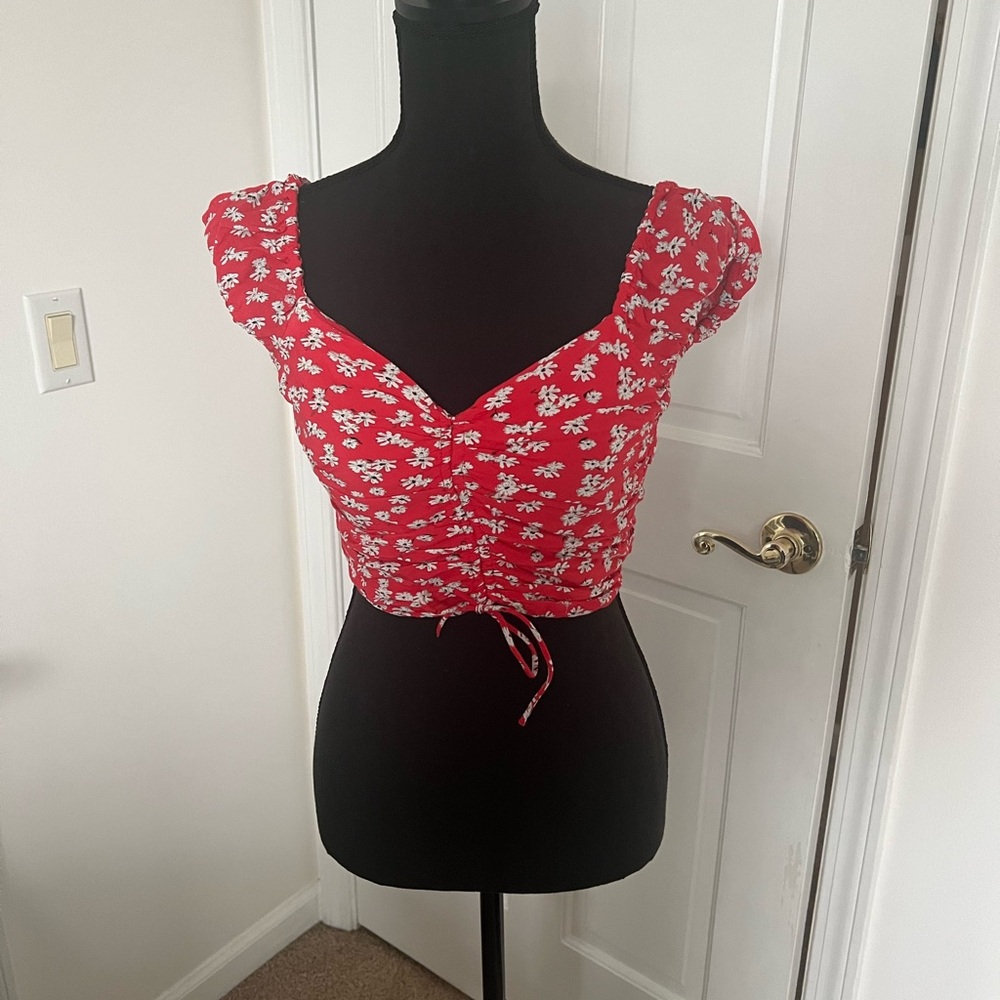 Red Floral Ruched Top
